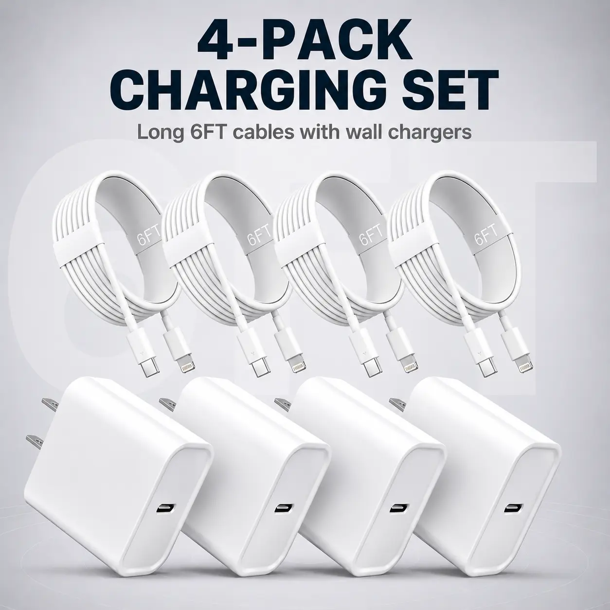 6FT Super Fast Charging 4-Pack Type-C Wall Charger Block with 4-Pack USB-C to Lightning Cable for iPhone 14/13/12,AirPods Pro, Mobile Smartphone