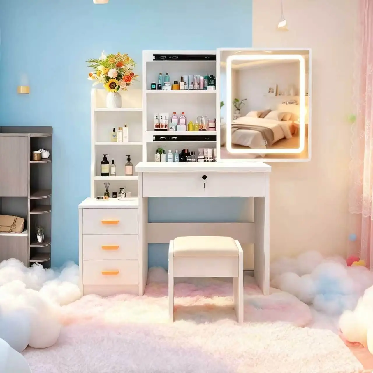 Modern White Makeup Vanity Desk with Smart LED Lights Mirror, Charging Station, 4 Drawers, Hairdryer Rack and Makeup Stool - Compact Indoor Furniture for Girls' Bedrooms, Mother's Day Gift