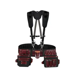 FUERI Tool Belt for Men with Suspender, Heavy Duty Nylon and Leather 26 Pockets Maroon and Black comes with Comfort Padded Belt,Spacious Pouches,Hammer Holder, Suspender Loops and Suspender for Carpenter Construction Electrician