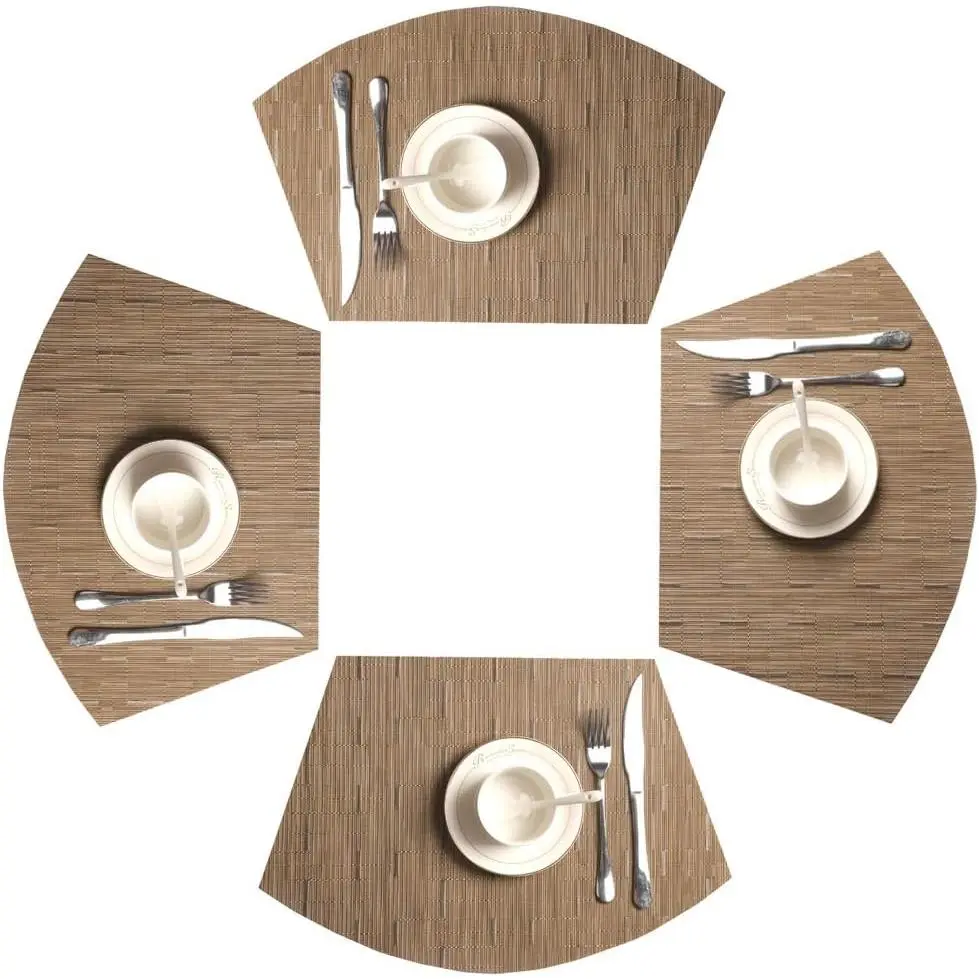 Round Table Placemats Set of 4 Wedge Shape Woven Vinyl Place Mats Heat Resistant Wipe Clean Round Table Mats Home Table Decor (4, Tan)
