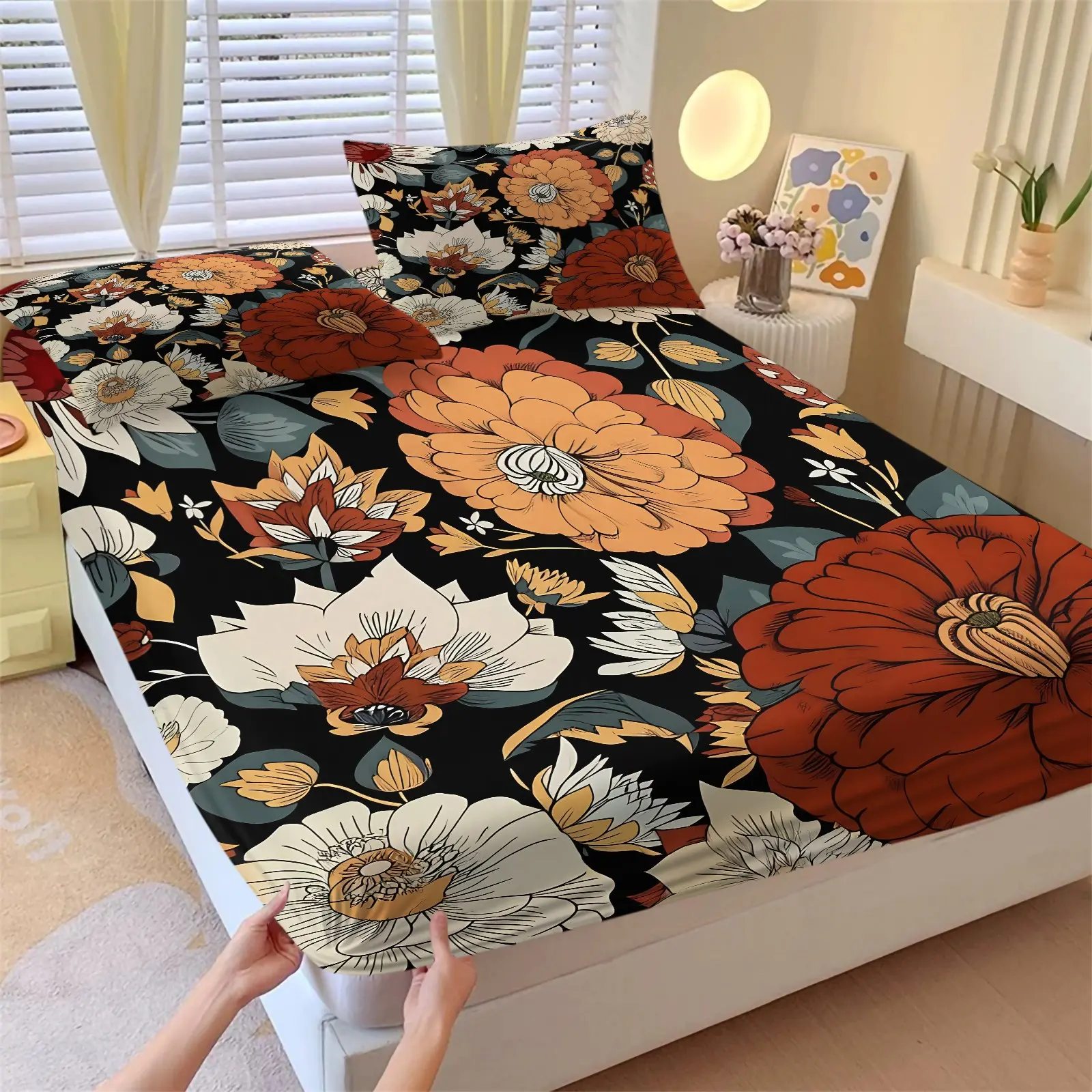 Vintage Flat-Print Autumn Floral Print Fitted Sheet Set & 2 Pcs Pillowcases, Dahlia Camellia & Poppy with Burnt Orange Off-White Color Blocking Design, Durable Soft Vintage Sophistication Home Decor Gift Choice, Print Bedding, Floral Sheets, Bed Sheet Set