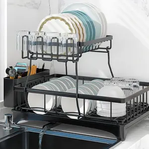 Double-Layer Double Tiers Draining Bowl Rack Kitchen Countertop Utensil Storage Holder, Home Sink Side Dish Drying Organiser, Durable & Space-Saving Design