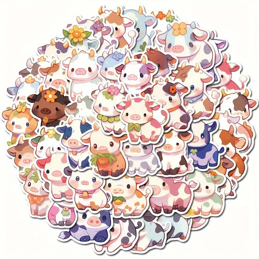 Cute Cow Pattern Sticker, 50pcs/set Cartoon Animal Decorative Sticker, DIY Decals for Water Bottle, Laptop, Cellphone, Phone Case, Scrapbooking, Journal Making