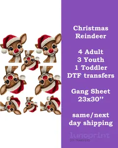 Lunoprint Christmas Reindeer DTF Transfers Gang Sheet 4 Adult 3 Youth 1 Toddler Sizes. 23x30" Ready To Press for Cotton Polyester & Blends Same/Next Day Shipping