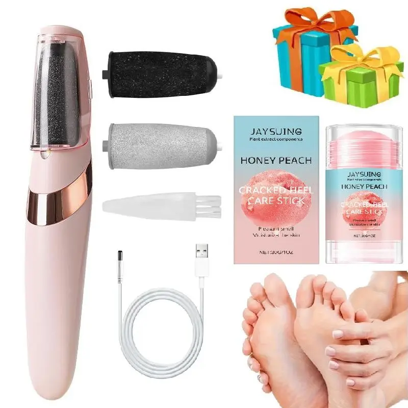 Electric Exfoliating Foot Callus Remover Set with Peach Heel Cracked Care Stick, Home Use, Easy Peeling Dead Skin, Smooth Crack-Free Heels, Unisex, Foot Care Product