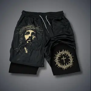Jesus 80s 90s summer men shorts for men jorts outfit men graphic shorts Double-layer sports shorts Comfortable short shorts summer, Elastic Waist Shorts, Athleisure Shorts
