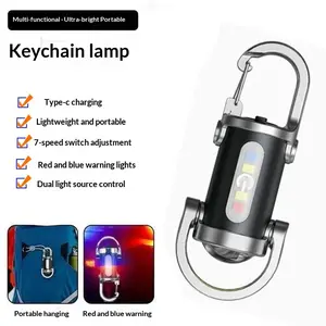 【 money gift 】Portable LED Flashlight USB control strobe Rechargeable Work Light Key Ring Pendant with 7-Speed Switch Adjustment & Red Blue Warning Lights