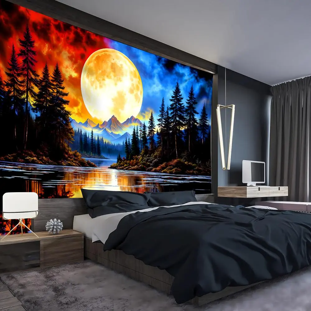 1PC,2D Flat Cross - border E - commerce Tapestry: Fantasy Forest Moon Scenery Tapestry, Bedroom And Living Room Decoration Cloth, Oversized Wall Art Canvas, Dormitory Renovation Background Cloth,, Room Decor, Decor Items,summerwins