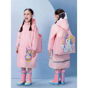 Cute cartoon pink unicorn EVA girls one-piece raincoat zipper + buckle with large schoolbag position four seasons universal outdoor sports hiking poncho