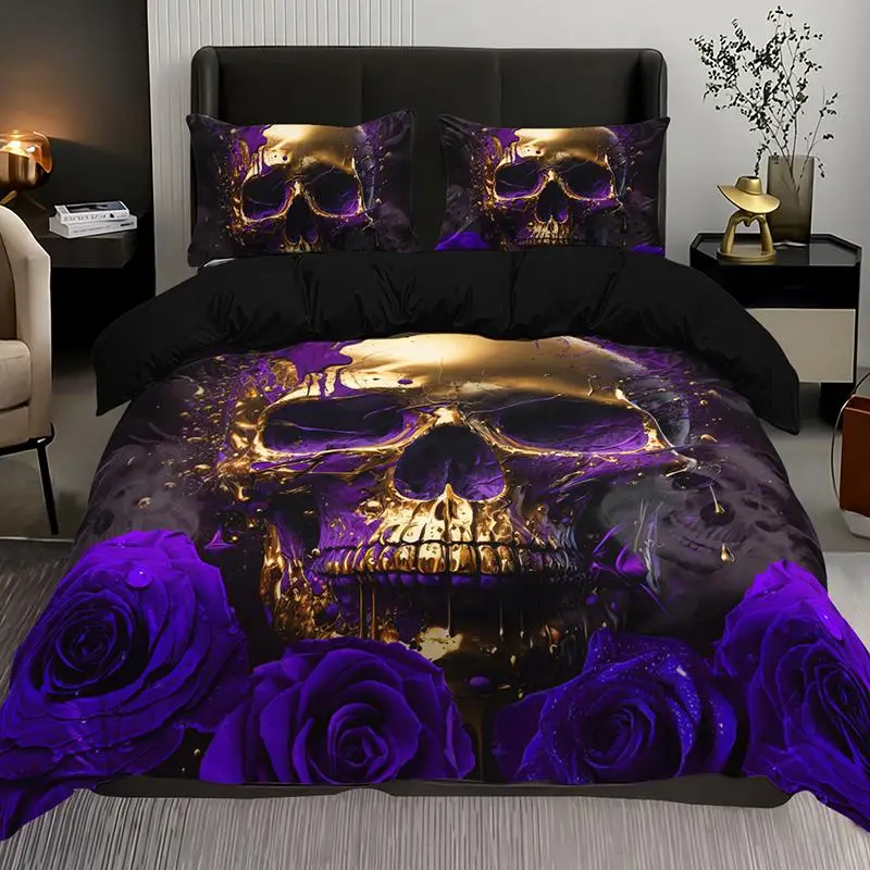 Skull & Rose Print Duvet Cover & Pillow Cases Set without Filler(3 Counts), Fashionable Bedding Set for Home Bedroom, Bedroom Accessories, Bedding Set