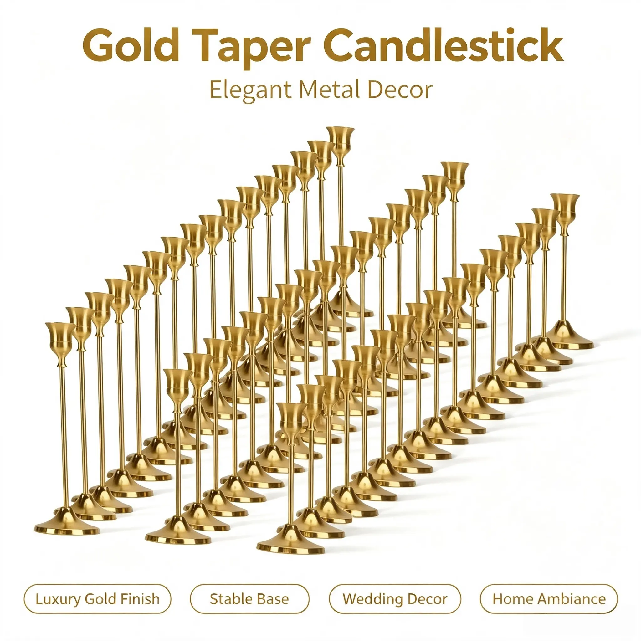 48Pcs Vintage Brass Gold-Tone Handmade Metal Candle Stick Holder Set - Bulk Casual Home Decor for Weddings, Engagement Events, Daily Table Use, Candles Not Included