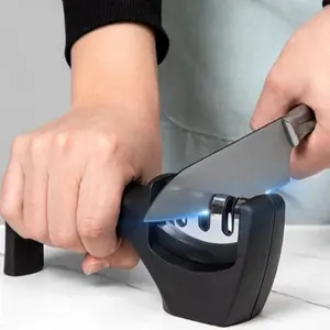 1pc Black Steel 3 Stages Type Quick Sharpening Tool Knife Sharpener Handheld Multi Function With Non Slip Base Kitchen Knives