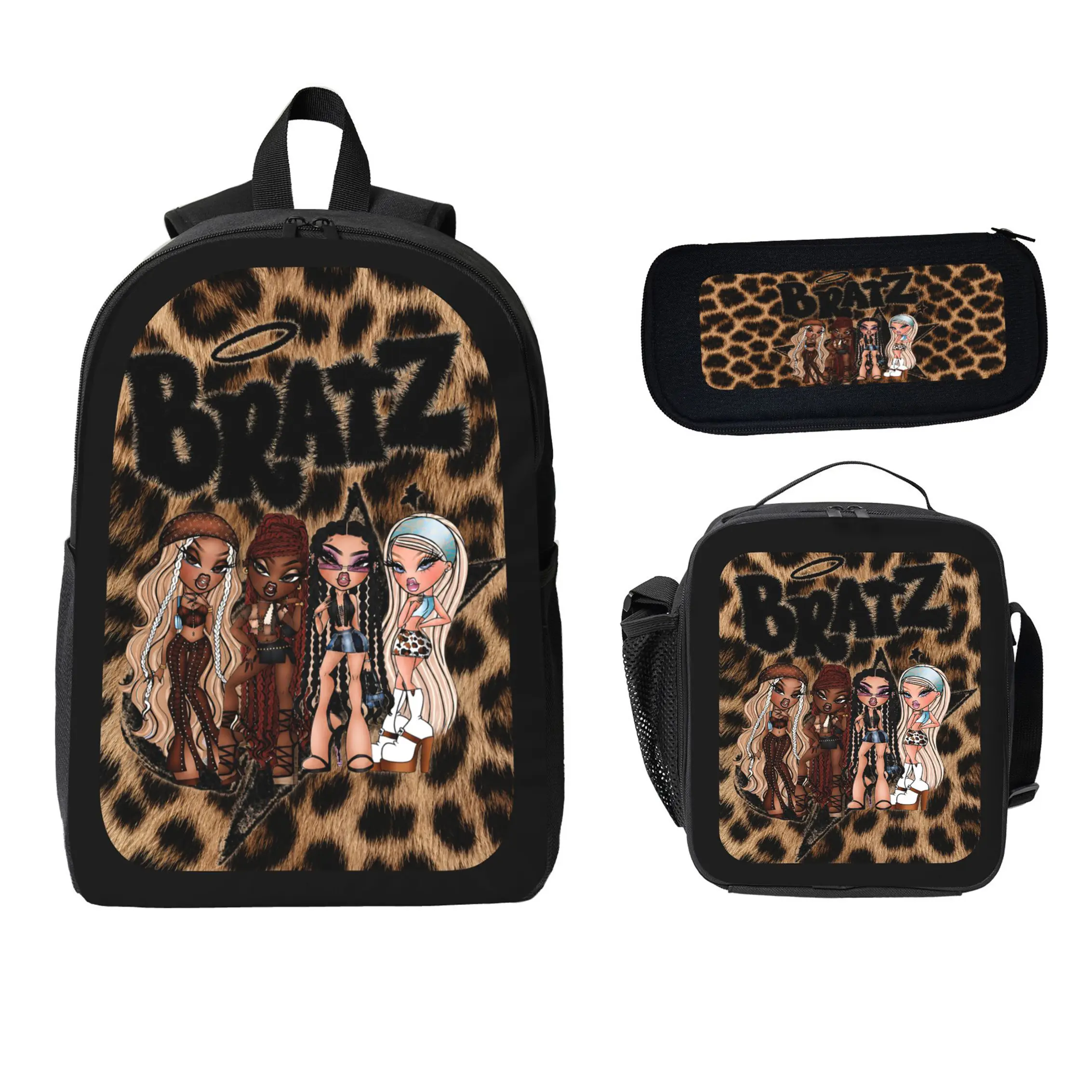 BRATZ Backpack Set Durable Polyester 3 Piece Bookbag Lunch Bag Pencil Case Lightweight Large Capacity Travel Daypack Back To School Supplies Y2K Leopard Graphic Bag For Girls Teens Students Viral Trend