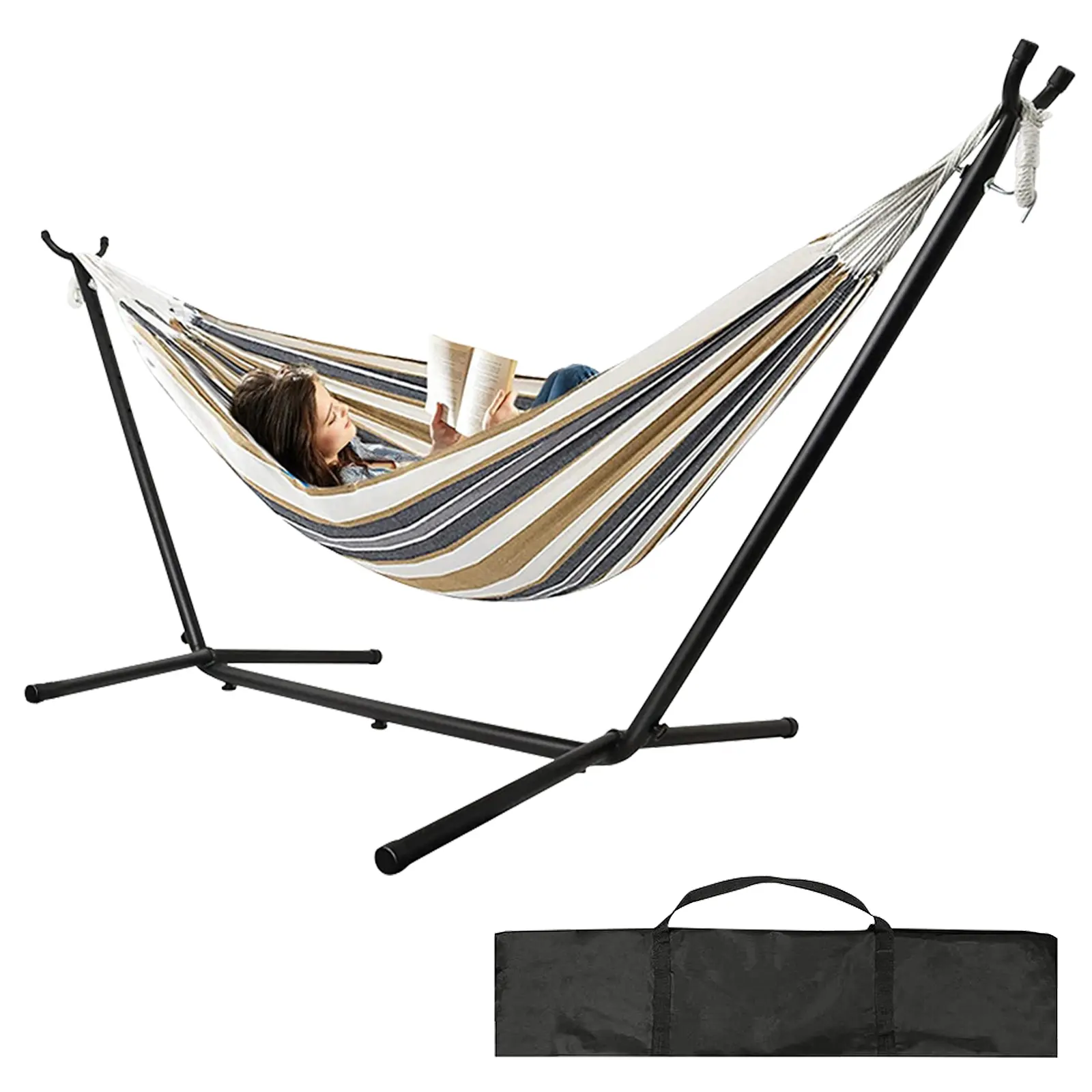 Unisex 2-Person Brazilian Pattern Double Hammock with Swing Stand, Heavy-Duty Steel Geometric Base, Portable Space-Saving Design, 450 lbs Capacity, Carrying Bag for Indoor/Outdoor Patio (Coffee)