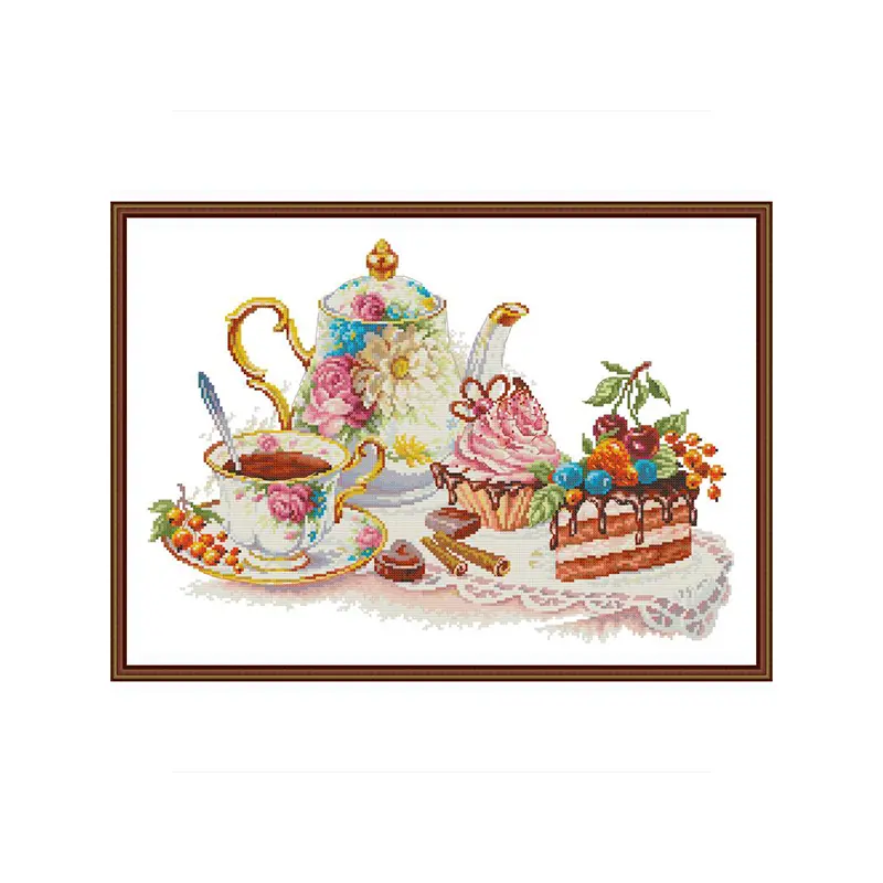 Afternoon Tea Cross Stitch Kit 220X152 Counted Embroidery DIY Craft Traditional Cozy Wall Art for Living Room Holiday Gift Premium Threads Pre-Printed Fabric Needles Easy Instructions
