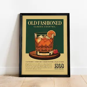 Old Fashioned Cocktail Print, Old Fashioned Cocktail Poster No Frame, Bar Wall Art, Classic Bar Cart Art Prints, Retro Print, Bar Accessories(Note: Frame shown for display only)