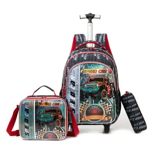 Kids Rolling Sand Car Backpack for Boys Trolley Suitcases Luggage Travel with Wheels Bookbag Wheeled 17" 3PCS Roller Backpacks Toddler Tote Bag Back Pack School Bags Set Elementary Red