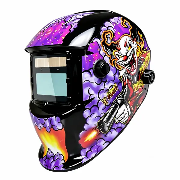 Auto Darkening Solar Welding Helmet, Clown Graffiti Pattern Welder Hood Mask, True Color 1/1/1/2 Optical Clarity, Adjustable DIN Shade 9-13, Dual Arc Sensor Grinding Mask for TIG MIG ARC Cutting Work