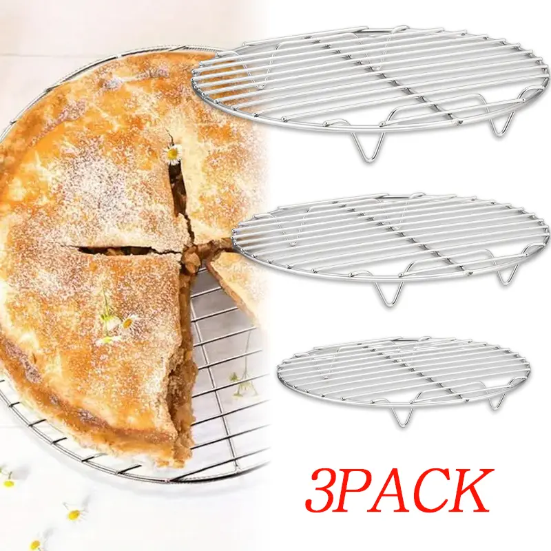 3-Pack Sturdy Stainless Steel Round Steaming Racks - 7.5in,9in,10.5in Sizes, Food Elevator for Pans, Heat Resistant High Hardness Grid, Elevate Food with Better Airflow, Resist Deformation Easy-Clean Kitchen Fixture Accessory