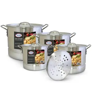 Alpine Cuisine Multi-Tier Aluminum Steamer Pots Set For Cooking | 12pc With Lids | Ergonomic Handles | Easy Clean