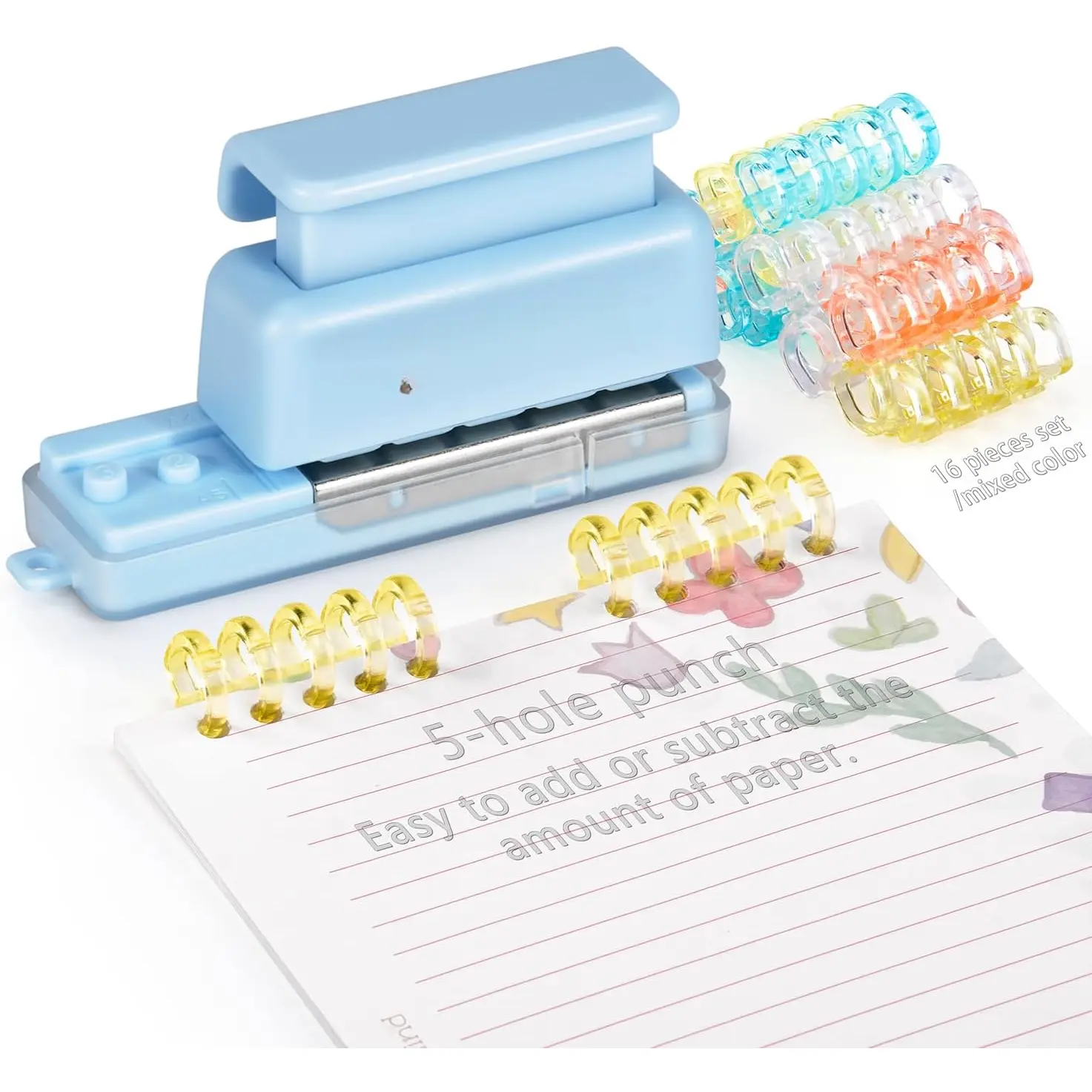 Mini 5-Hole Binding Machine with 16 Loose-Leaf Strips - Blue, 4 Sheets Capacity, 5-Hole Punch, Easy Customization, Ideal for DIY Notebooks & Planners