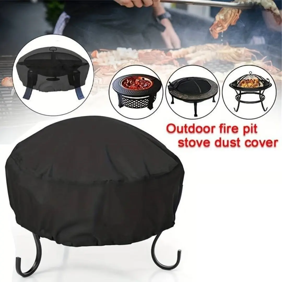 1pc Black Round Fire Pit Cover, Round Brazier Stove Cover, Full Coverage Dustproof Design Outdoor Fireplace Cover for Brazier, Outdoor Dust Proof Cover