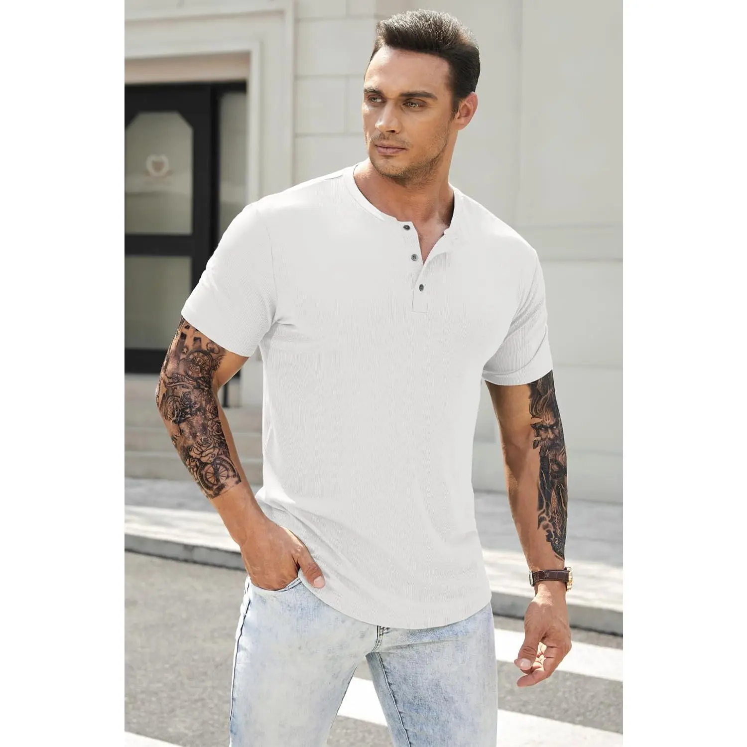 Men's Muscle Slim Henley Shirts Crewneck Longline T-Shirt Gym Workout Athletic Shirt Tees with Button