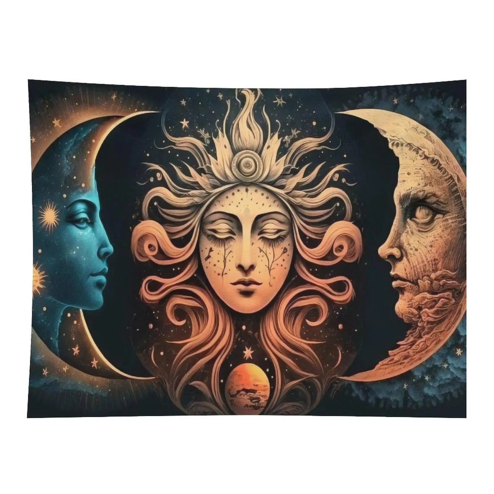 Vintage Triple Moon Goddess Portrait Polyester Rectangular Wall Tapestry - Anti-Wear, Gentle Wash Wall Hanging, Cosmic Starry Sky Celestial Art Decor for Witchy Room Meditation Space, Wall Decor
