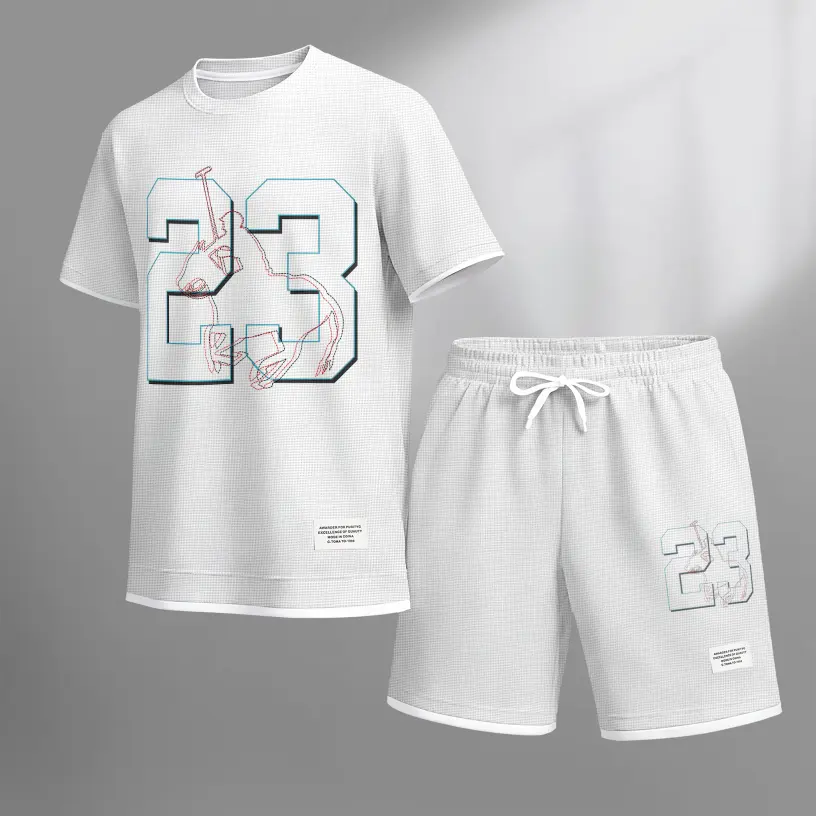 Men's No. 23 print drawstring shorts set for spring/summer, a casual summer outfit including a short-sleeved shirt and shorts, suitable for everyday wear and sports. A two-piece set for a relaxed and energetic lifestyle.