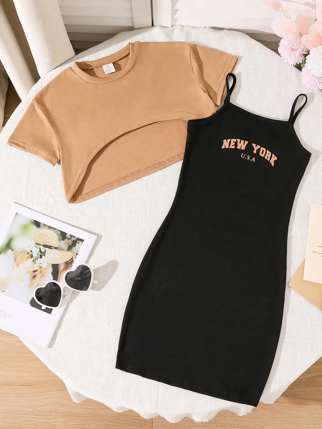 Girl's Plain Crop Tee & Letter Print Cami Dress Two-piece Set, Casual Round Neck Top & Sleeveless Dress for Summer, Kids Clothes for Daily Wear, Kids