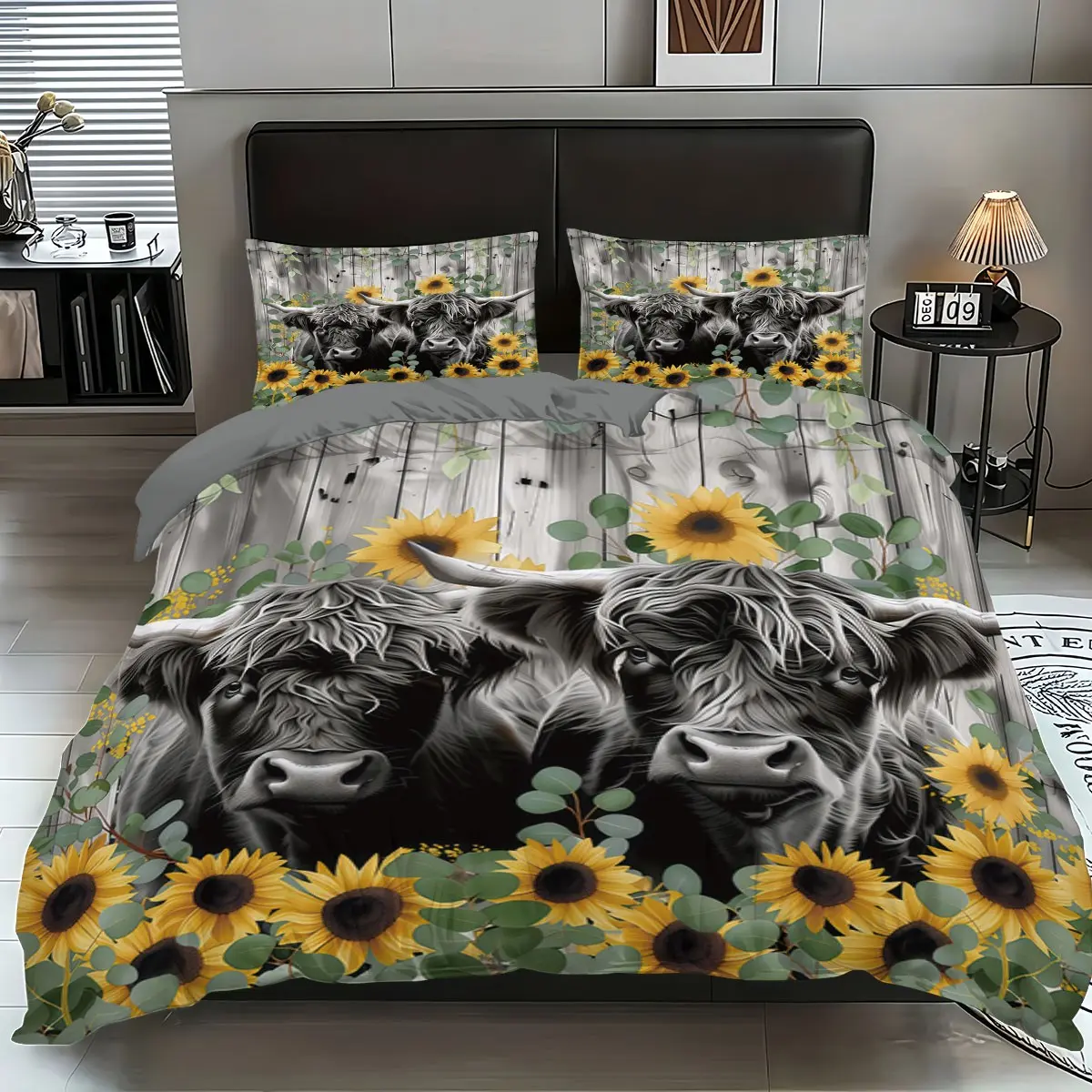 3-piece decorative bedding set (1 duvet cover + 2 pillowcases, no filling) featuring a farm-style sunflower and Highland cow print. Soft and comfortable, this set complements room decor, is suitable for all seasons, and makes a great gift.
