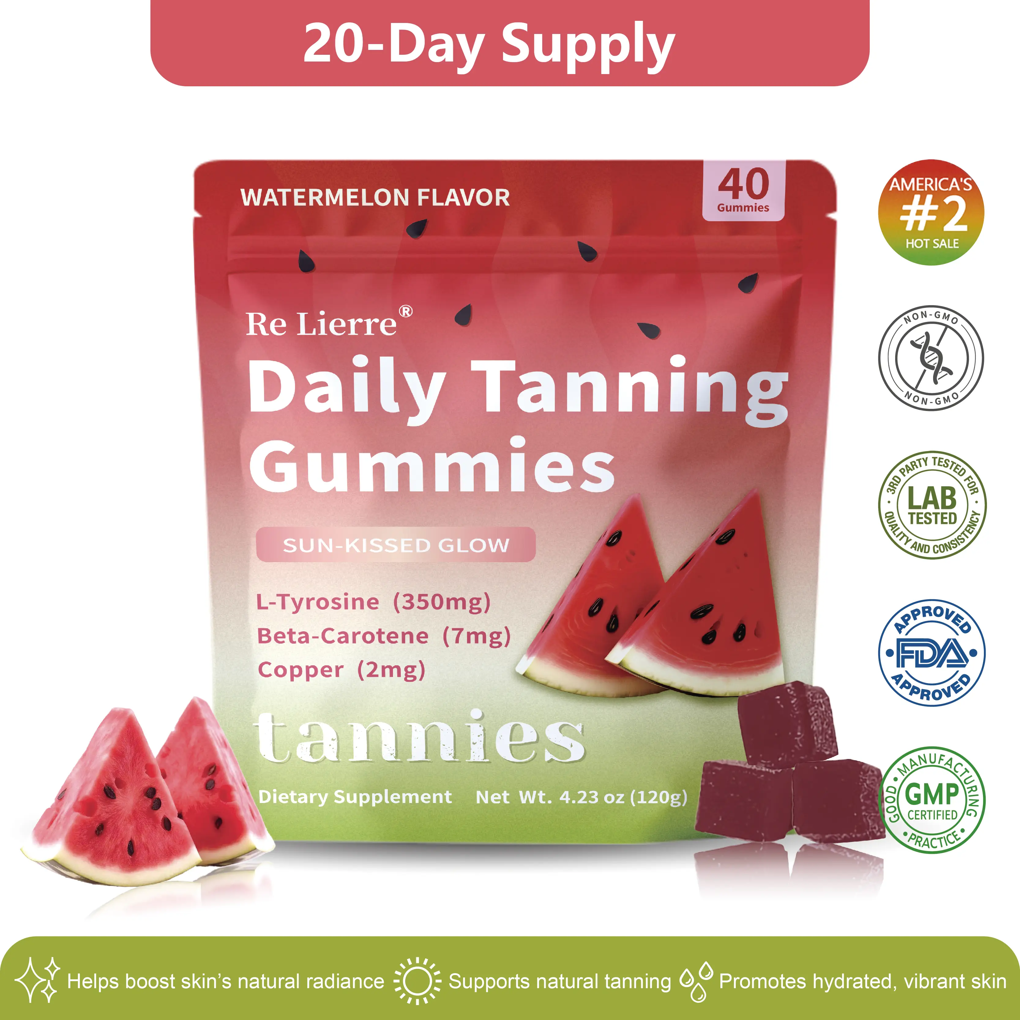 Re Lierre Daily Natural Tanning Gummies | Women | Self Tan Bronzing Skin Supplement | Lycopene, Beta Carotene | Vegan & Non-GMO | Astaxanthin, Vitami