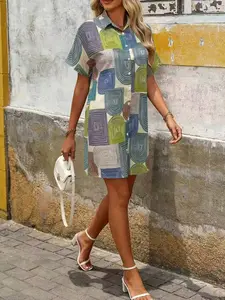 Women's Geometric Print Button Shirt Dress, Casual Short Sleeve Collared Mini Dress, Summer Vacation Beach Dress, Stylish and Comfortable