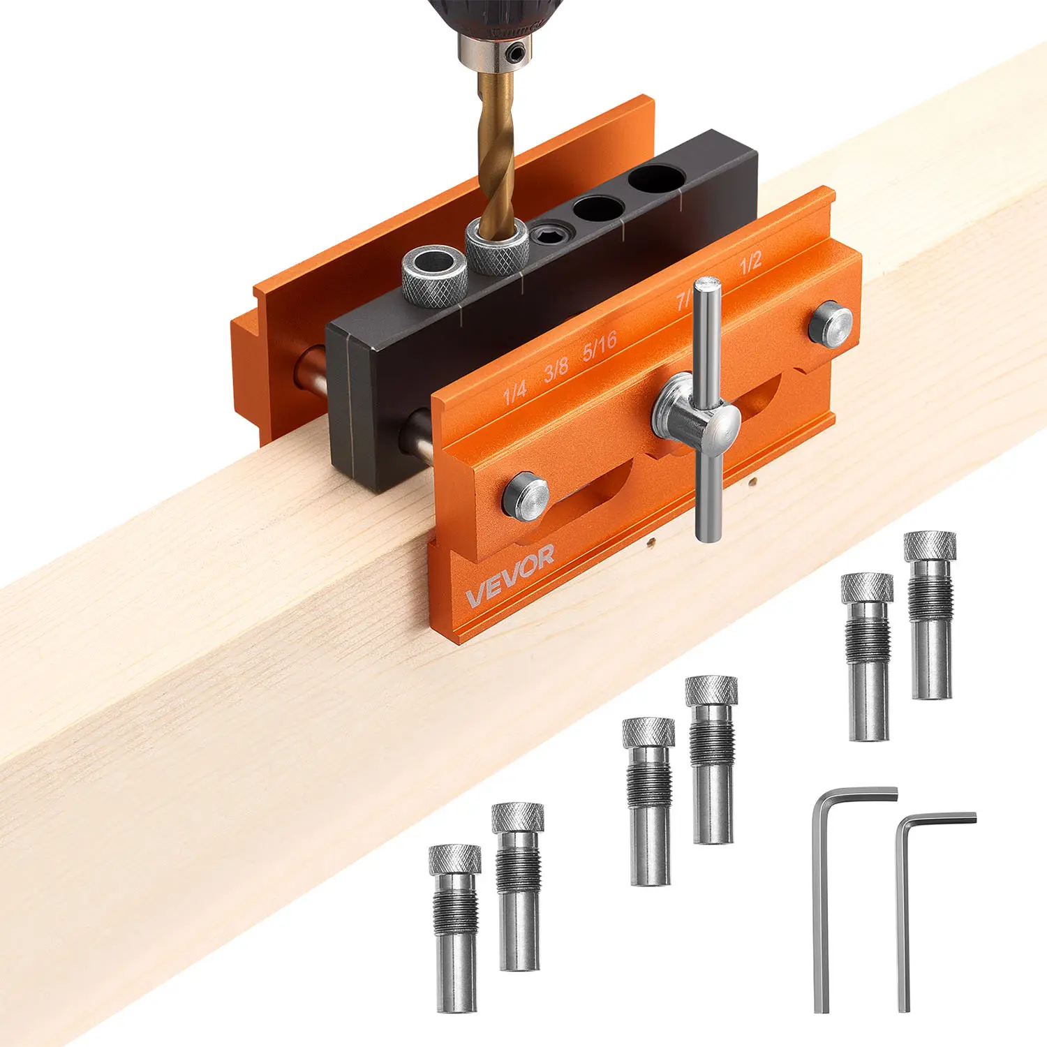 VEVOR Aluminum Alloy Self-Centering Doweling Jig Kit, Woodworking Clamp Tool with 6 Drill Guide Bushings, 5 Standard Drill Sizes, 0.4-2.4in Adjustable Clamping Range, Bushings + Wrench, 2 Hex Wrenches, User Manual for Straight Holes, Father's Day Gift