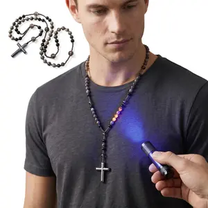 Natural Obsidian Rosary Cross Necklace with Yooperlite & Hematite Stones, UV Reactive Healing Crystal Pendant, Adjustable Protection Necklace for Women & Men, Spiritual Jewelry Gift