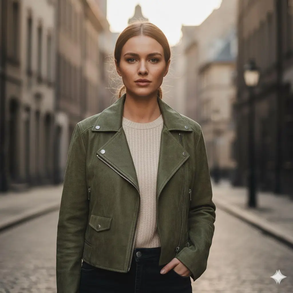 Women's Genuine Cropped Suede Leather Jacket Classic Urban Style Street Party Club Wear with Racing-Inspired Design Soft Polyester Lining & Functional Pockets