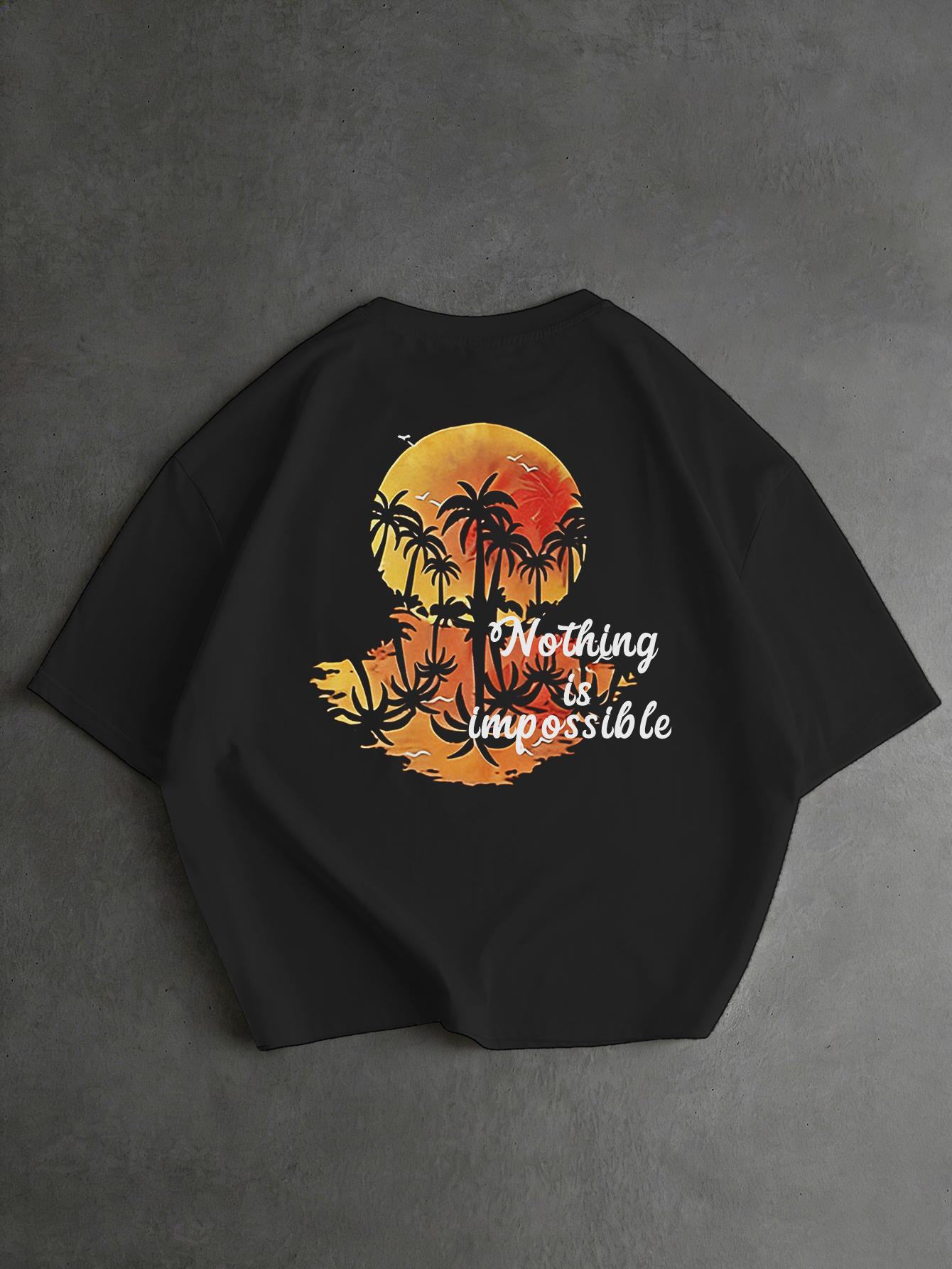 3-pack unisex; new men’s summer T-shirt; trendy design featuring a retro sunset palm tree graphic, shark mouth print, and letter slogan; black/white soft short-sleeve streetwear style—perfect for summer wear.