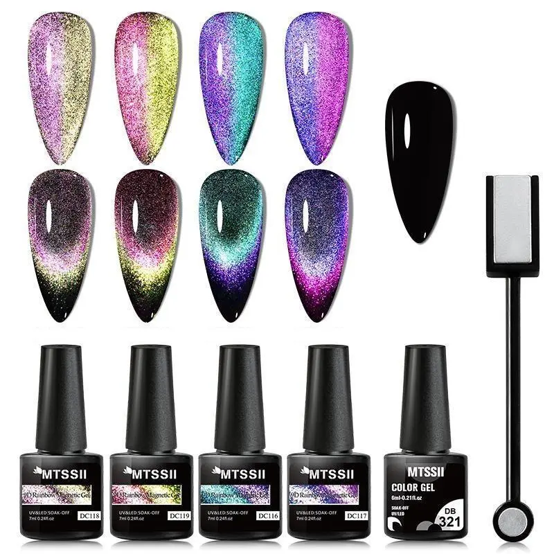 9D Reflective Glitter Magnetic Gel Nail Polish Set, Gel Polish Kit, 6 Counts/set Rainbow Glitter Cat Eye Nail Gel with Stick, Shiny Varnish UV Gel for Nail Art Design, Nail Art Manicure