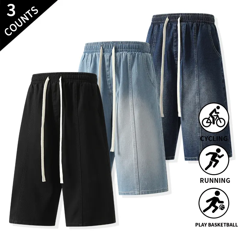 Summer Vibes Men’s 3-Pack Gradient Wash Denim Jorts, Elastic Waist Drawstring Baggy Knee-Length Shorts, Vintage Loose Fit Casual & Workout Jean Shorts for Men