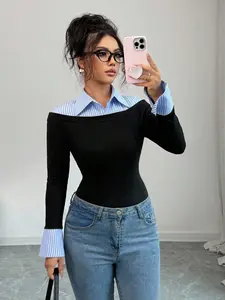 Women's Fashion Blue Striped Collar Split Design Long Sleeve Top, Elegant Commuter Style Casual Wear, Comfortable Fit