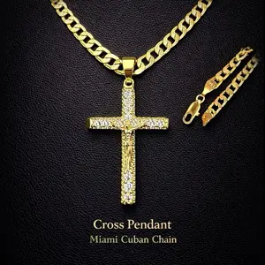 14K Gold Plated Jesus Christ Cross Crucifix Pendant 2" with Bling Crystals Cuban/Figaro for Men Women Religious Hip Hop Jewelry Faith Necklace