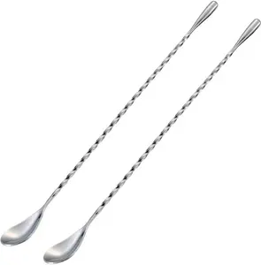 Bar Spoon Cocktail Mixing Stirrers for Drink, Stainless Steel 12 Inches Long Handle, Silver 2 Pieces Utensils