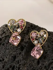 Trendy women earrings with colorful zircon heart design 925 silver needle retro style European and American ins fashion jewelry