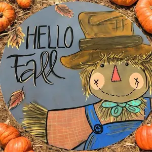 Hand Painted Door Hanger with Scarecrow Design and "Hello Fall" Text for Autumn Decor Ornaments Decoration Wooden