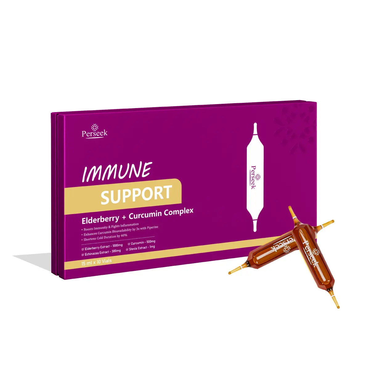 PERSEEK Triple-Action Liquid Immune Boost Dietary Supplement - Allergy & Immune Support, Nutritional Vitamins, Elderberry, Curcumin, Piperine, Antioxidants, 3x Better Absorption, 15mL x 10 Vials, Allergy & Immune Support Antioxidants Nutritional Supplemen