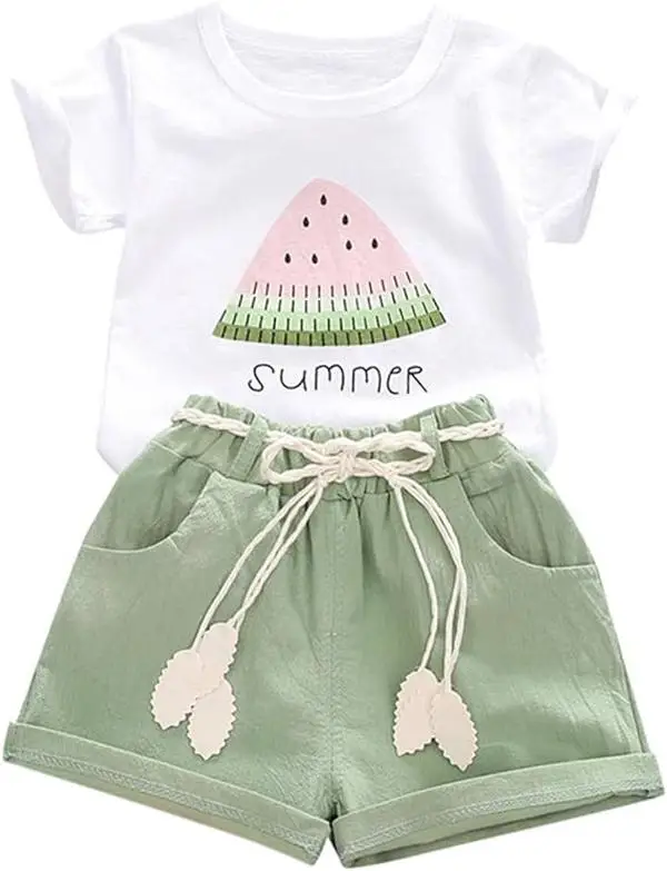 WAMSOBY Baby Girls Clothes Watermelon T-shirt + Linen Shorts with Belt Cute Summer Short Set