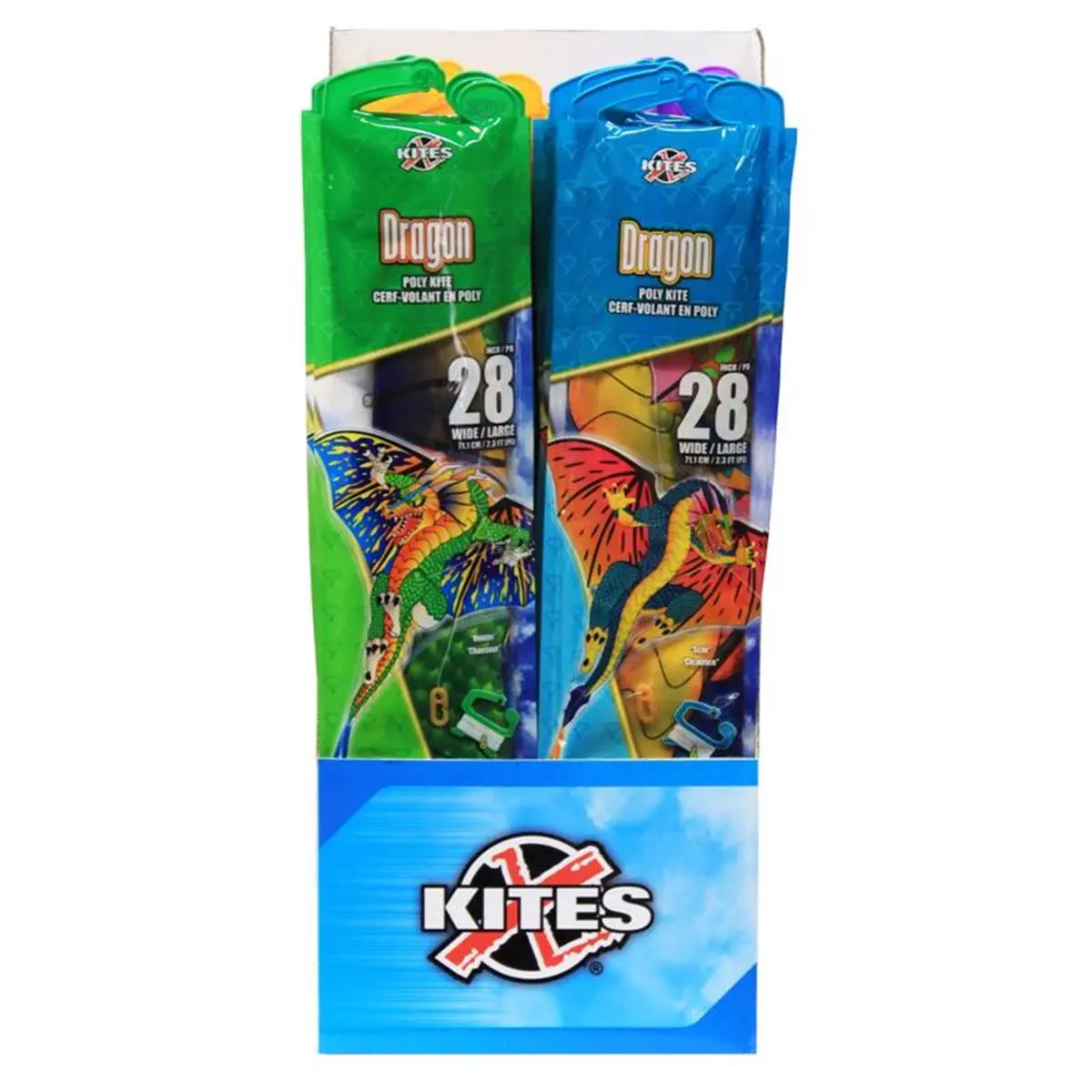 XKites Fiberglass Dragon Poly Kites - 24 Piece Unisex Outdoor Toys with Detailed and Colorful Designs, Handle with Line, Skytails, 3.15 lbs, 18 x 28 x 0.25 in, Assorted Colors, for Age 8+
