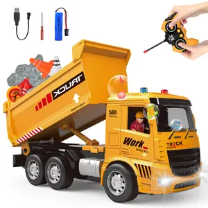 Remote Control Excavator and Dump Truck Toy Set - RC Truck Construction Vehicles Toy with Barricades, Road Signs, Simulated Rocks, Lights and Sounds, Present for Toddlers 3-12 Year Boys Girls