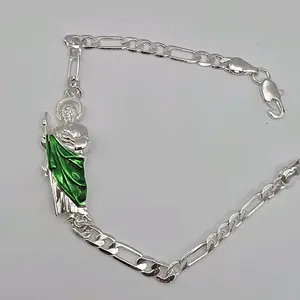 Saint Jude silver plated religious style bracelet 8"inches  figaro link Perfect Gift Stainless Steel