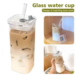 2PCS Square Glass Mug with Lid, Portable Drinking Mug, Perfect Coffee Mug, Includes Glass Lid/Straw, Gift for Mug Collectors, Father's Day Mug, Great for Office, Home, School